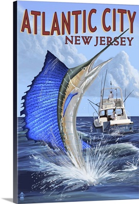 Atlantic City, New Jersey - Sailfish Deep Sea Fishing: Retro Travel Poster