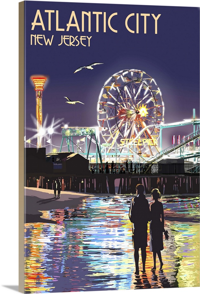 Atlantic City, New Jersey - Steel Pier at Night: Retro Travel Poster