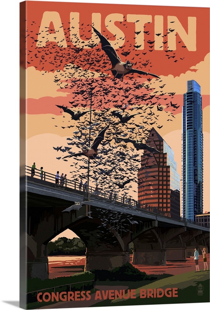 Austin, Texas Bats and Congress Avenue Bridge Retro Travel Poster