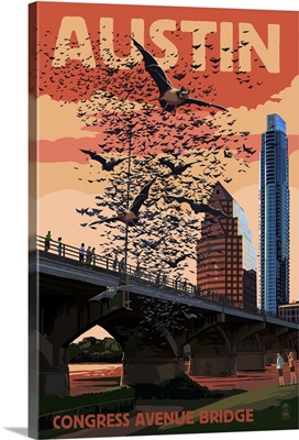Austin, Texas - Bats and Congress Avenue Bridge: Retro Travel Poster