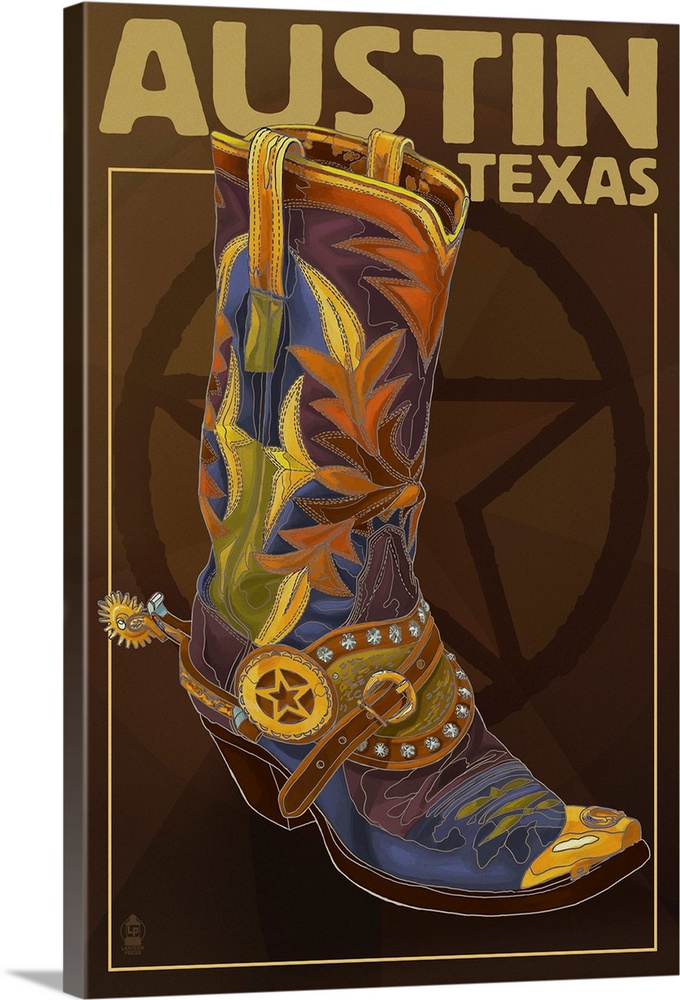 Austin, Texas - Boot and Star: Retro Travel Poster