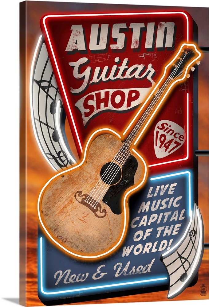 Austin, Texas Guitar Shop Vintage Sign Retro Travel Poster Wall Art