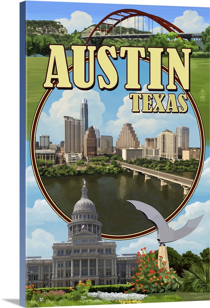 Austin, Texas - Montage Scenes: Retro Travel Poster