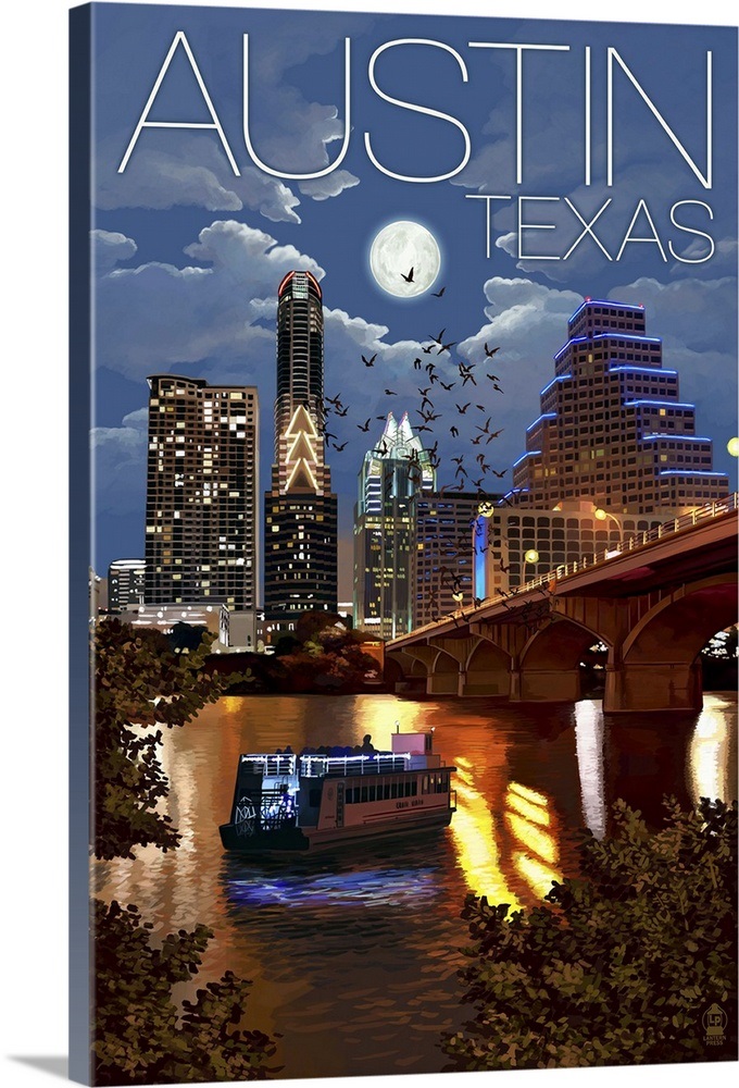 Austin, Texas Skyline at Night Retro Travel Poster Wall Art, Canvas