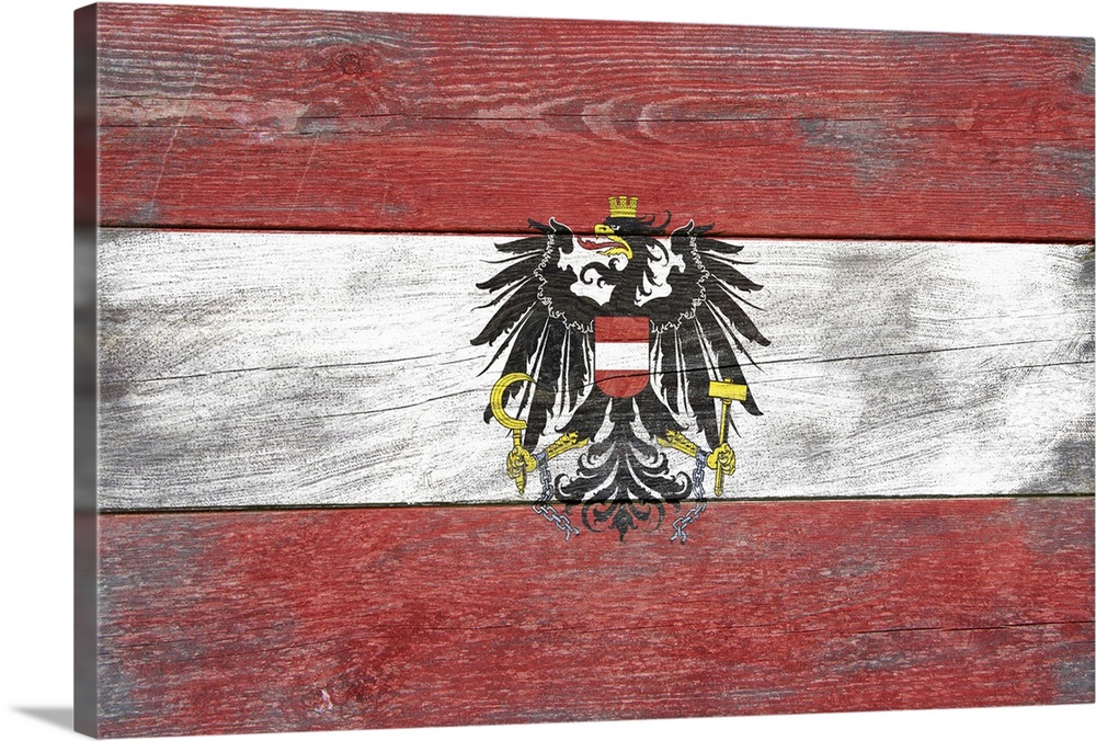 The flag of Austria with a weathered wooden board effect.