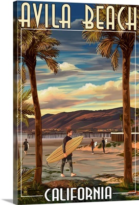 Avila Beach, California - Surfer and Pier: Retro Travel Poster