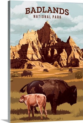 Badlands National Park, Bison And Calf: Retro Travel Poster