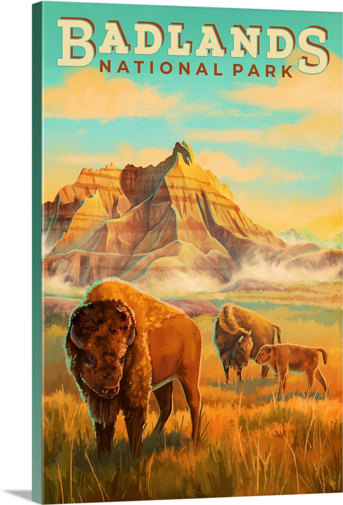 Badlands National Park, Bison Grazing: Retro Travel Poster