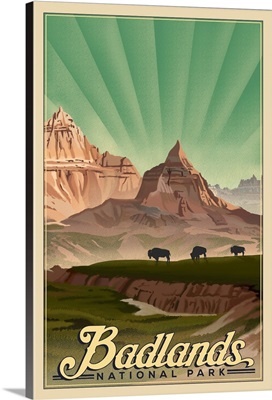 Badlands National Park, Bison Silhouettes And Mountains: Retro Travel Poster