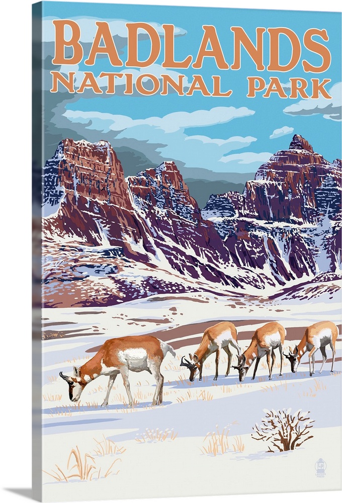 Badlands National Park, South Dakota - Antelope in Winter: Retro Travel Poster