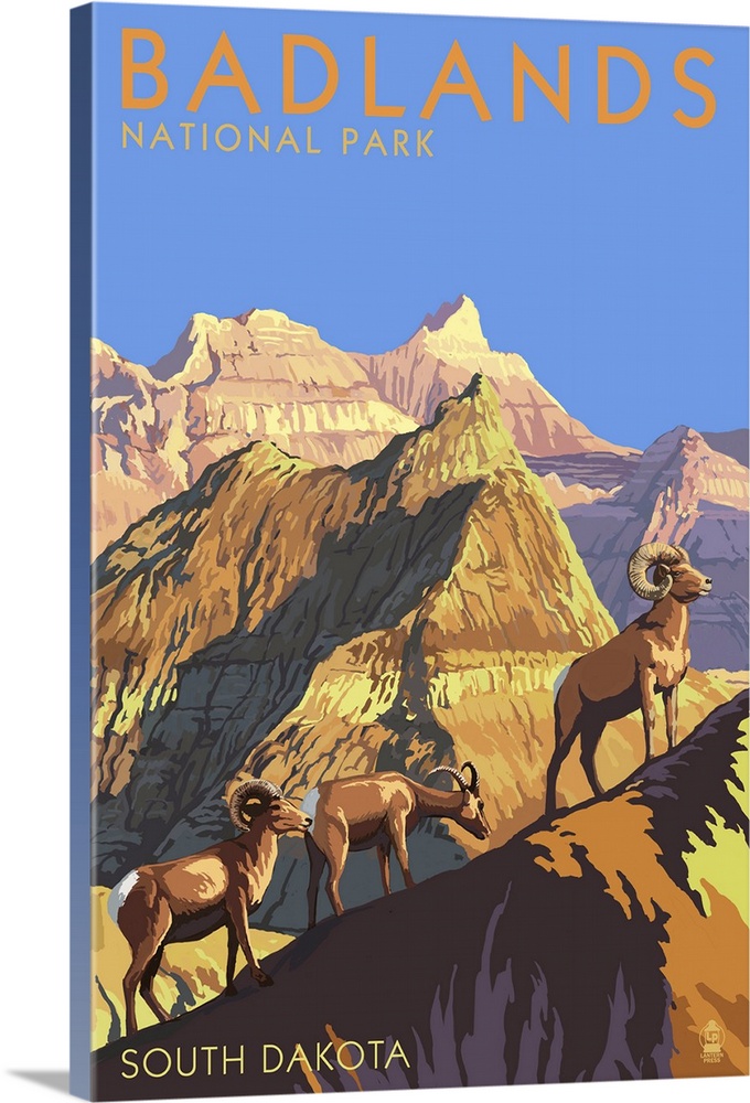 Badlands National Park, South Dakota - Bighorn Sheep: Retro Travel Poster