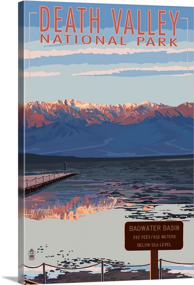 Retro stylized art poster of mountain range being reflected in a lake.