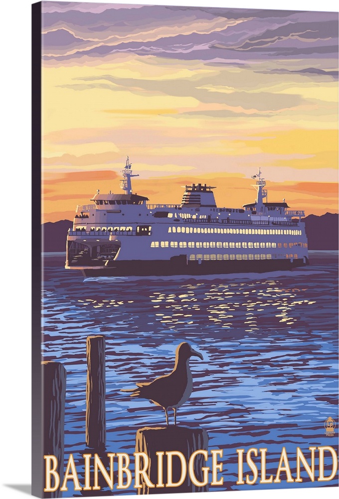 Bainbridge Island, WA - Ferry and Sunset: Retro Travel Poster