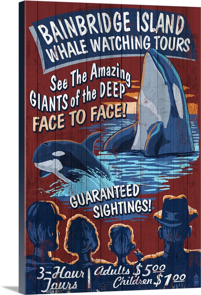 Bainbridge Island, Washington - Orca Whale Watching Vintage Sign: Retro Travel Poster