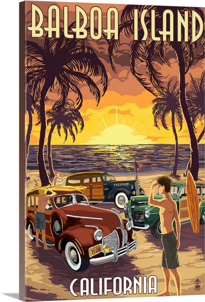 Balboa Island, California - Woodies on the Beach: Retro Travel Poster