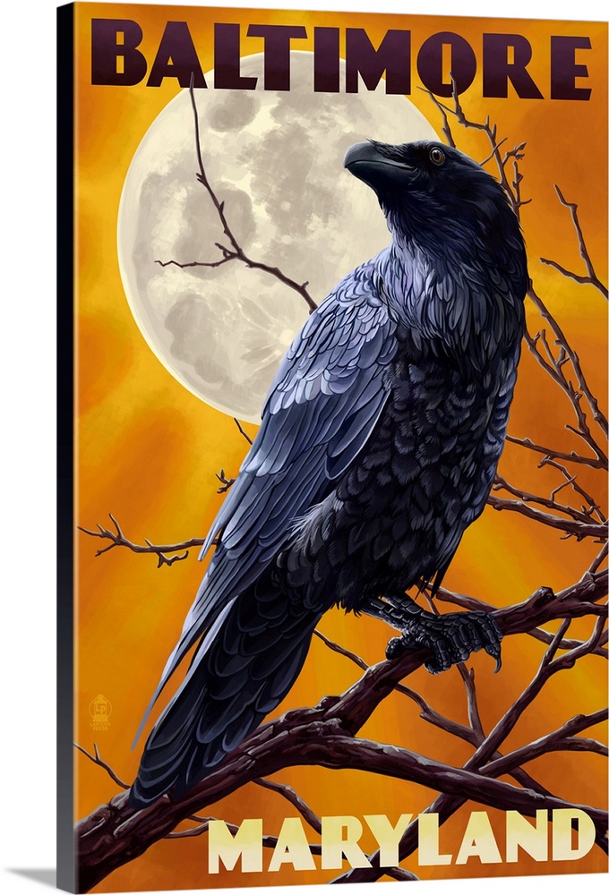 Baltimore, Maryland - Raven and Moon: Retro Travel Poster