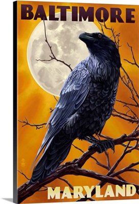 Baltimore, Maryland - Raven and Moon: Retro Travel Poster