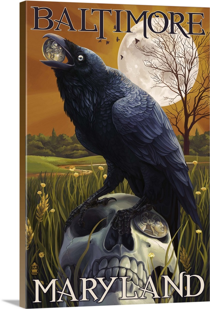 Baltimore, Maryland - Raven and Skull: Retro Travel Poster
