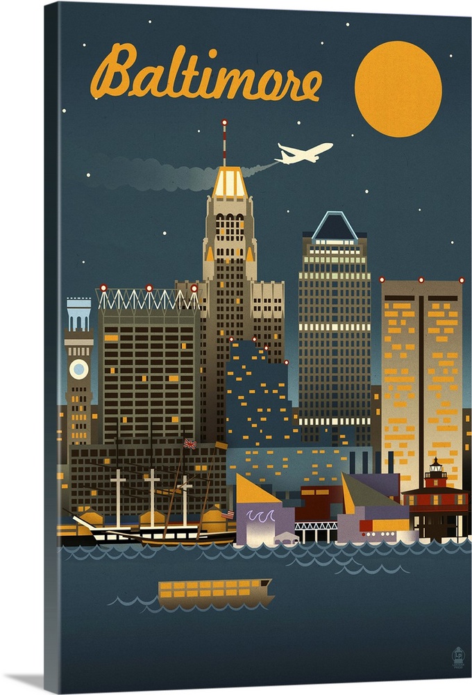 Baltimore, Maryland - Retro Skyline: Retro Travel Poster