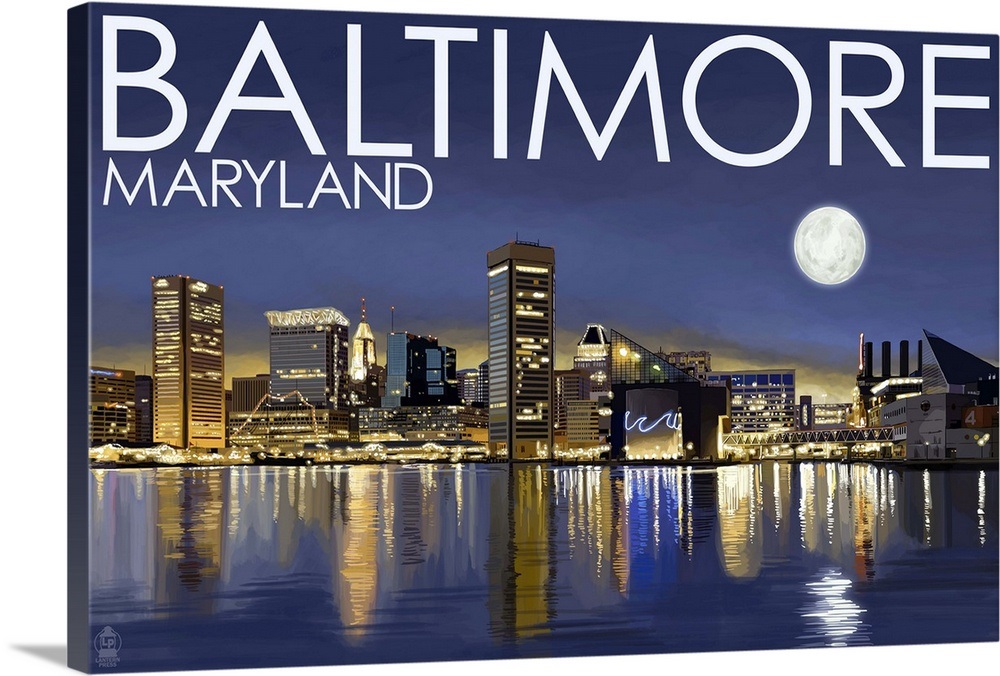 Baltimore, Maryland Skyline at Night Retro Travel Poster Wall Art