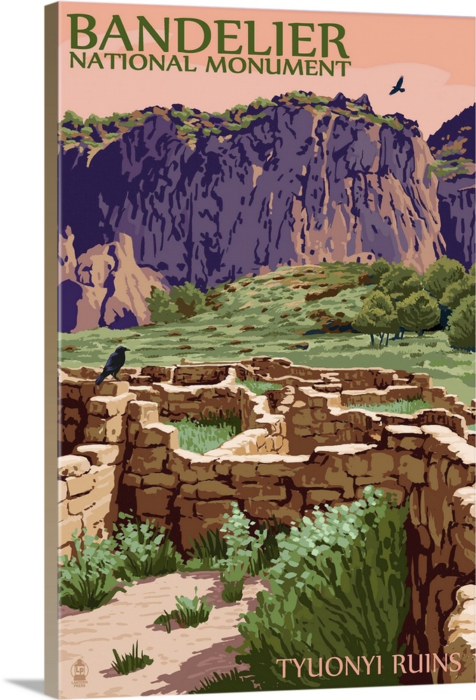 Bandelier National Monument, New Mexico - Tyuonyi Ruins: Retro Travel Poster