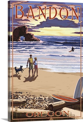 Bandon, Oregon - Sunset and Beach: Retro Travel Poster