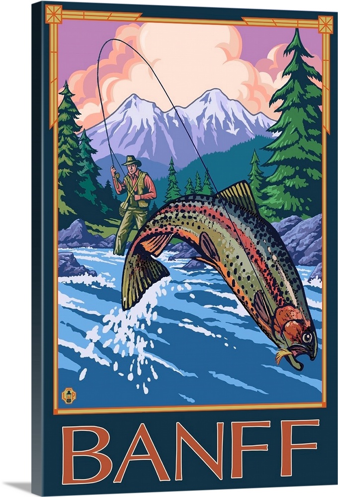 Banff, Canada - Angler: Retro Travel Poster