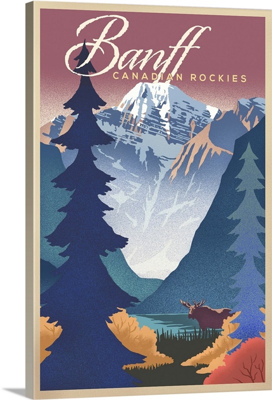 Banff, Canada Canadian Rockies Mountain Scene Lithograph Wall Art