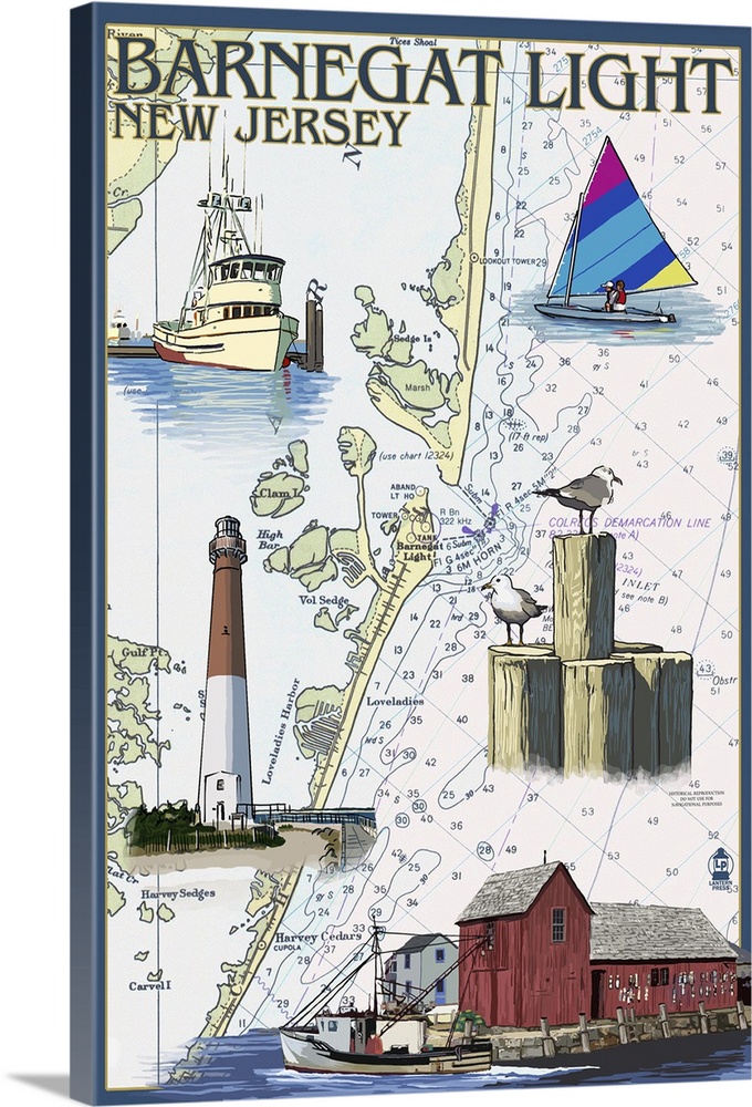 Barnegat Light, New Jersey - Nautical Chart: Retro Travel Poster