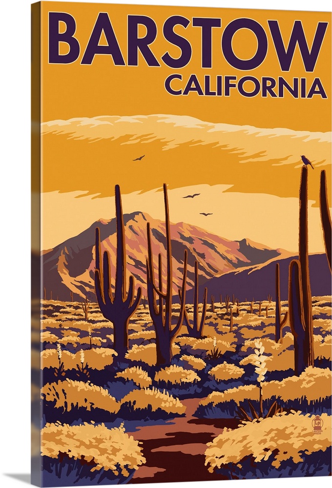 Barstow, California - Desert Scene with Cactus: Retro Travel Poster