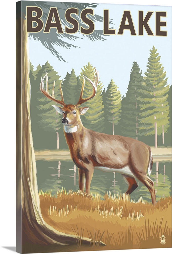 Bass Lake, California - Deer: Retro Travel Poster