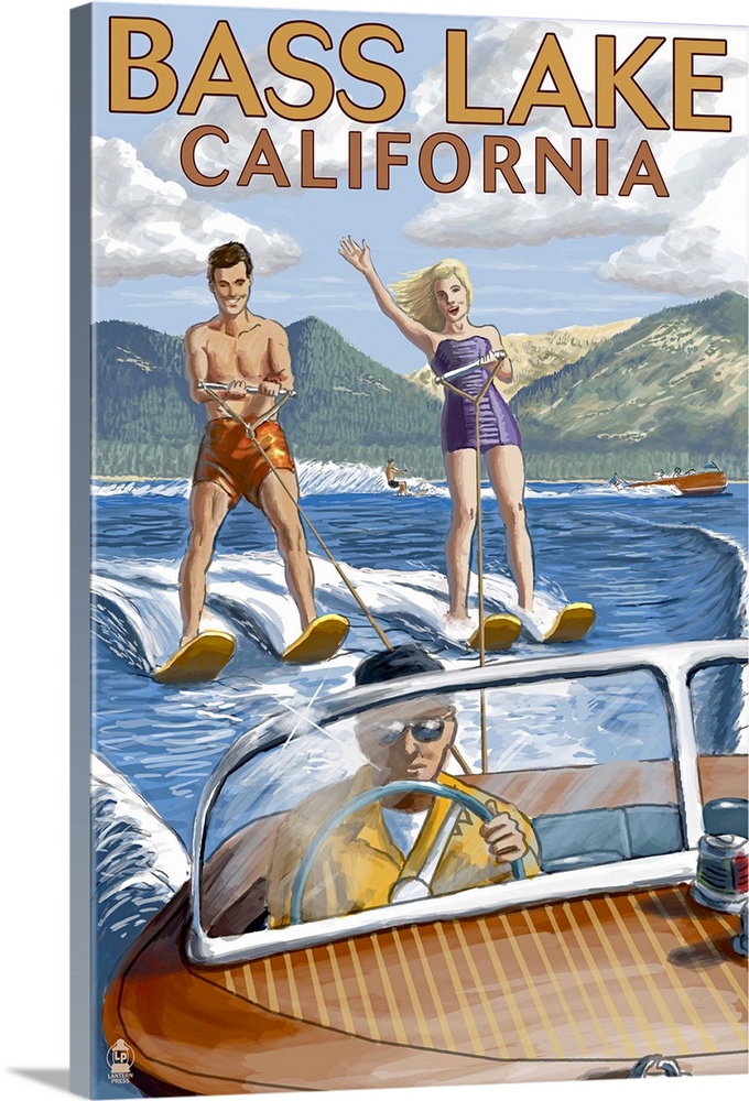 Bass Lake, California - Water Skiing: Retro Travel Poster