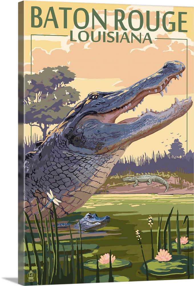 Baton Rouge, Louisiana - Alligator Scene: Retro Travel Poster