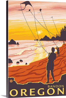 Beach and Kites - Bandon, Oregon: Retro Travel Poster