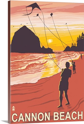 Beach and Kites - Cannon Beach, Oregon: Retro Travel Poster