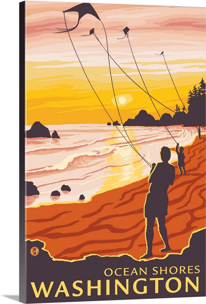 Beach and Kites - Ocean Shores, Washington: Retro Travel Poster