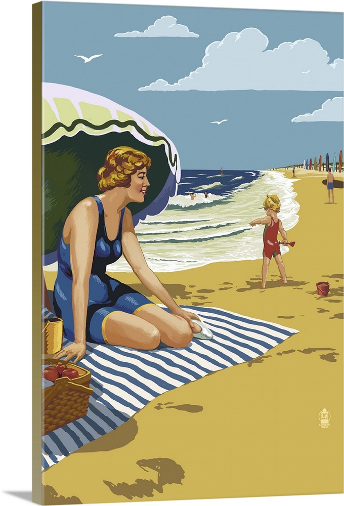 Retro stylized art poster of a beach scene, with a woman sitting on a blanket under a an umbrella.