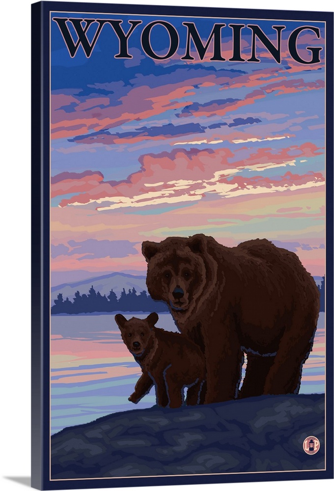 Bear and Cub - Wyoming: Retro Travel Poster
