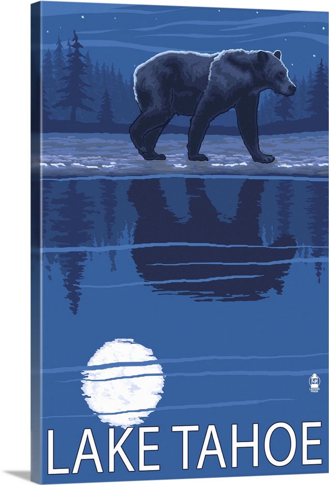 Bear at Night - Lake Tahoe, California: Retro Travel Poster