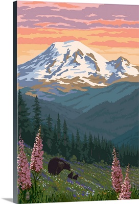 Bear Family and Spring Flowers (Rainier Background): Retro Travel Poster