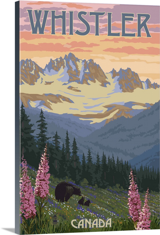 Bear Family and Spring Flowers - Whistler, Canada: Retro Travel Poster