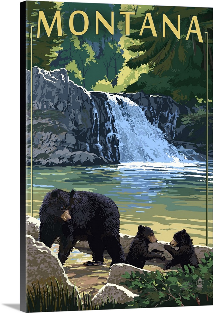 Bear Family and Waterfall, Montana