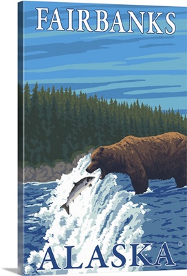 Bear Fishing in River - Fairbanks, Alaska: Retro Travel Poster