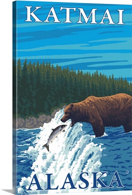 Bear Fishing in River - Katmai, Alaska: Retro Travel Poster