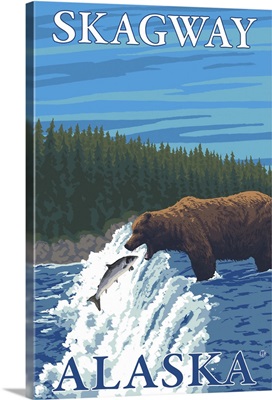 Bear Fishing in River - Skagway, Alaska: Retro Travel Poster