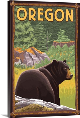 Bear in Forest - Oregon: Retro Travel Poster