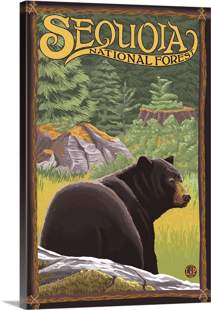 Bear in Forest - Sequoia National Forest, CA: Retro Travel Poster