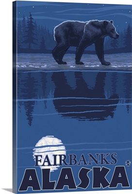 Bear in Moonlight - Fairbanks, Alaska: Retro Travel Poster