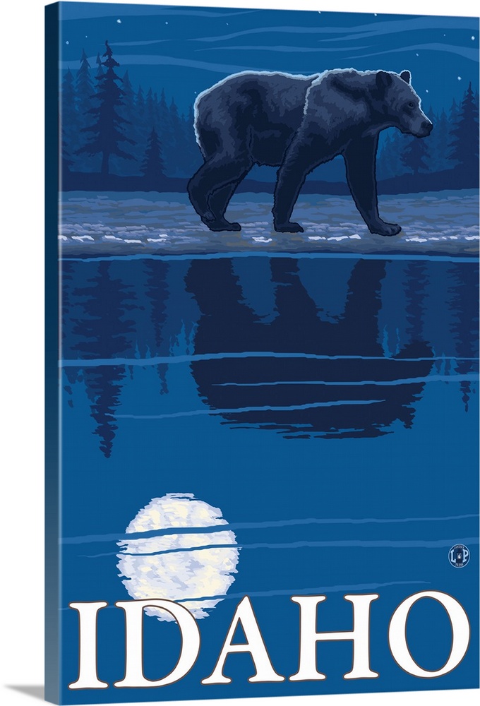 Bear in Moonlight - Idaho: Retro Travel Poster