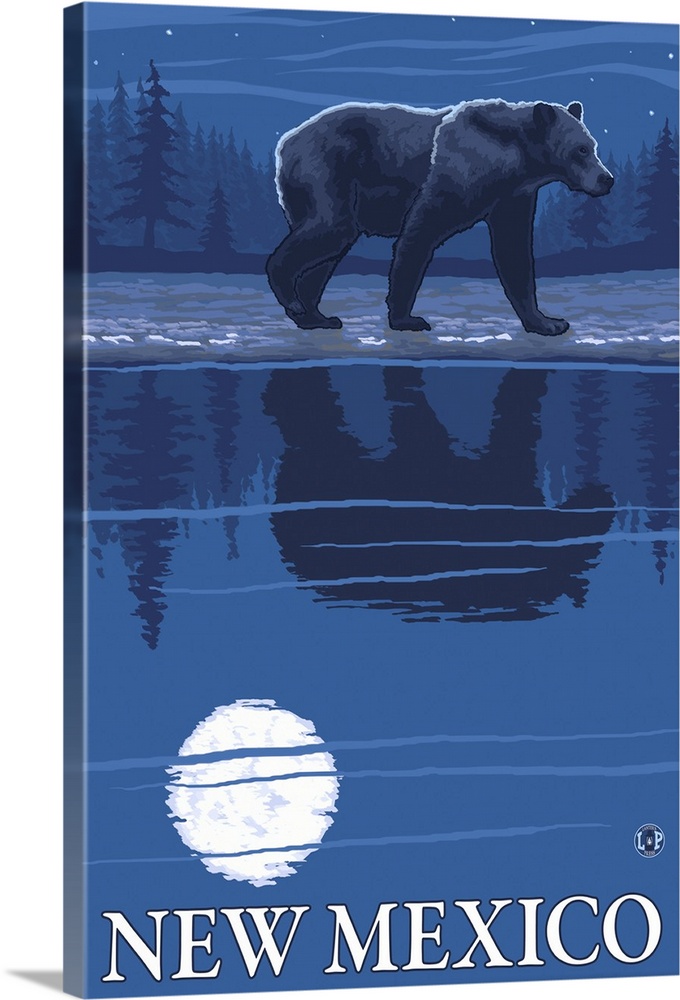 Bear in Moonlight - New Mexico: Retro Travel Poster